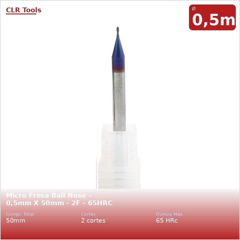 Micro Fresa Ball Nose - 0,5mm X 50mm - 2F - 65HRC